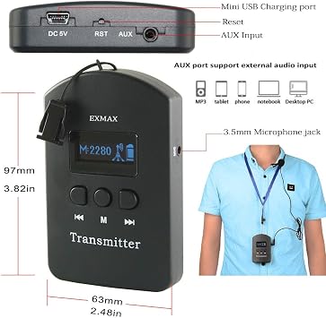 EXMAX EXD-101 2.4G Wireless Audio Voice Transmission System for Simultaneous Interpretation Church Translation Translator Device Long Range Tour Guide Conference City Trip(2 Transmitters 20 Receivers)