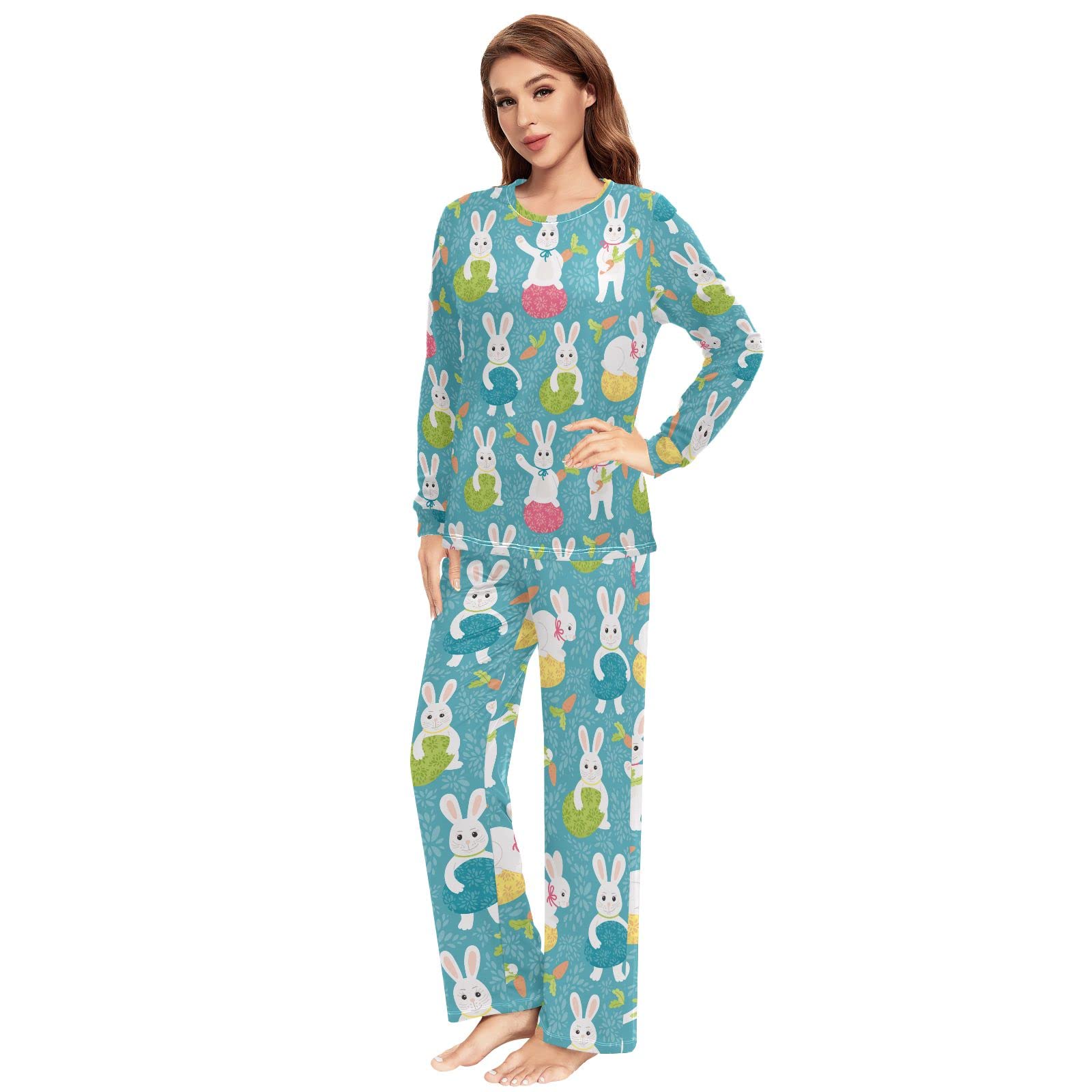JUNZAN Wielkanocne jajka urocza jagnięca zielona piżama dla kobiet długi rękaw top i dół bielizna nocna zestaw para bielizna nocna, Easter Bunny Eggs Flat Style Teal Blue, S