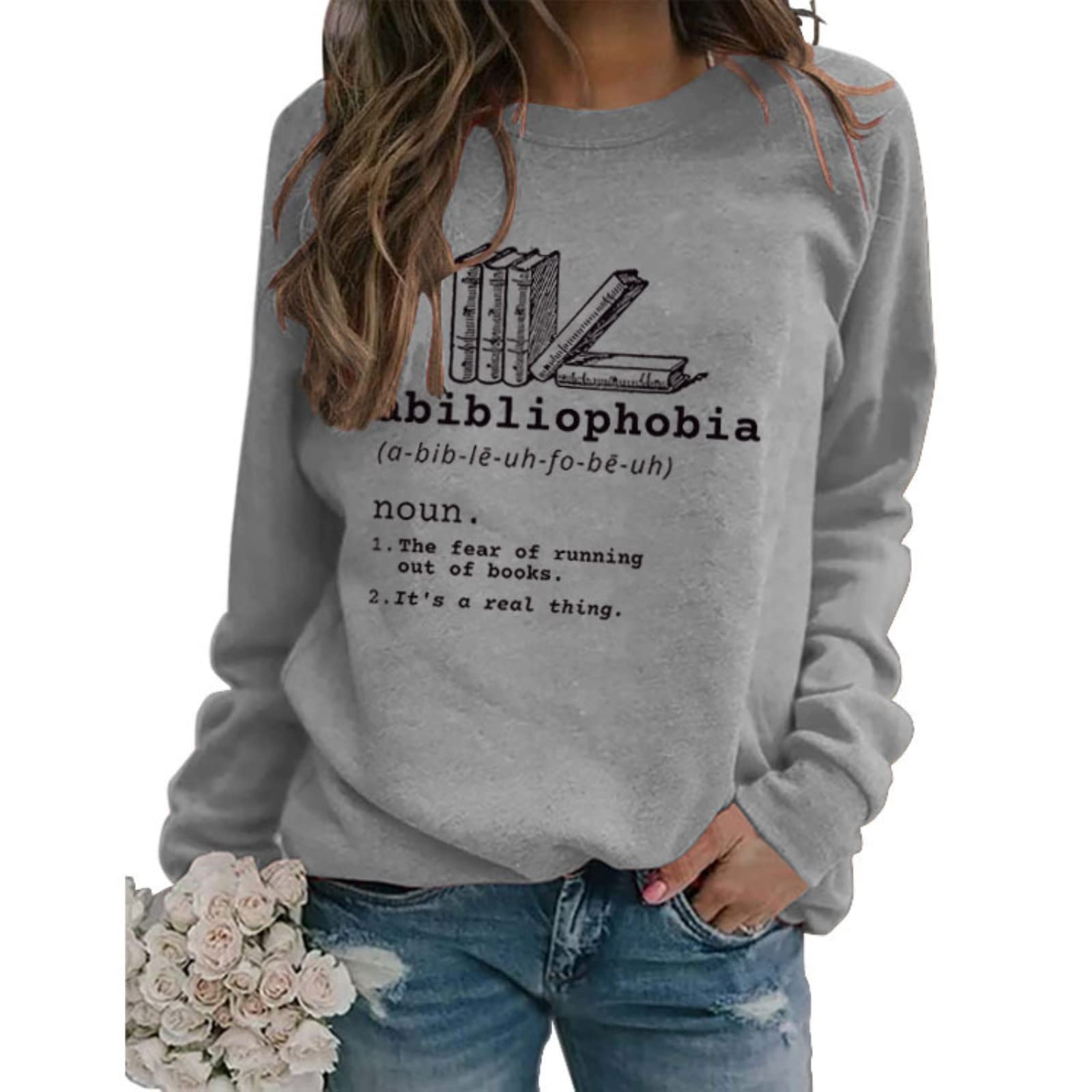 Sweatshirt for Women Abibliophobia Letter Printed Funny Graphic Casual Long Sleeve Crew Neck Reading Pullover Tops
