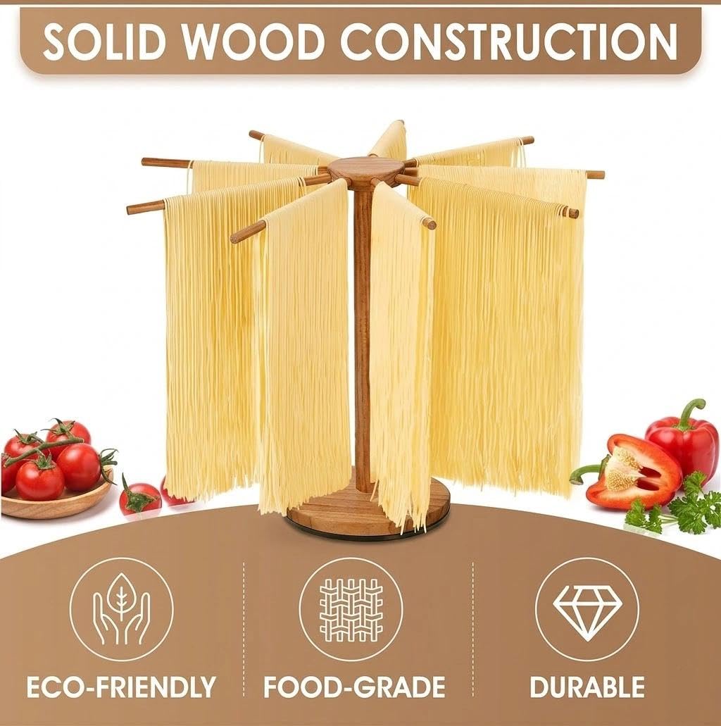 Séchoir à pâtes,Comprend 10 grilles de séchage de pâtes Amovibles | Idéal pour sécher les pâtes et les nouilles fraîches maison, tapis antidérapant inclus (couleur bois)