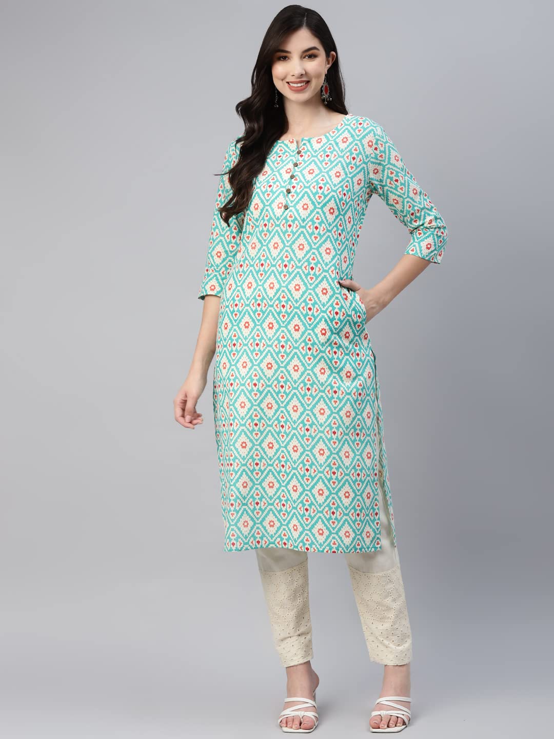 Aarika Women's Cotton Regular Tunic Shirt (Kurti-W-Nm-A-110_Firozi_Xxl)
