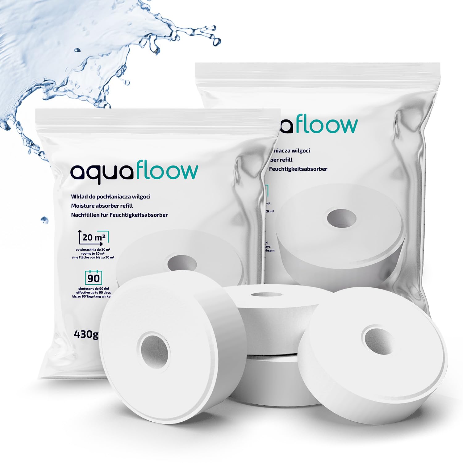 Aquafloow, Pastiglie di ricarica per deumidificatore d'aria, Riducono l'umidità e gli odori sgradevoli, Confezione di ricarica compatibile con il deumidificatore d'aria AERO 360°, Confezione da 8