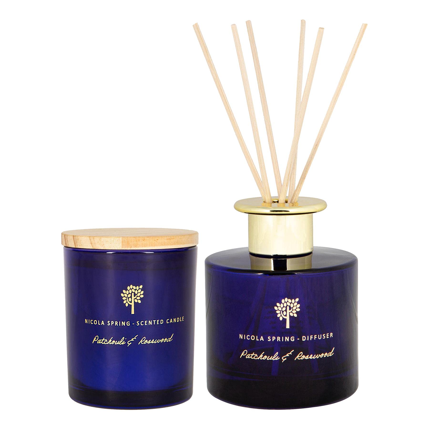 Nicola Spring Patchouli & Rosewood Scented Candle & Reed Diffuser Set - 130g Soy Wax Candle 21 Hour Burning Time Small Relaxing Fragrance Gift Set Aromatherapy 200ml Fragrant Diffuser