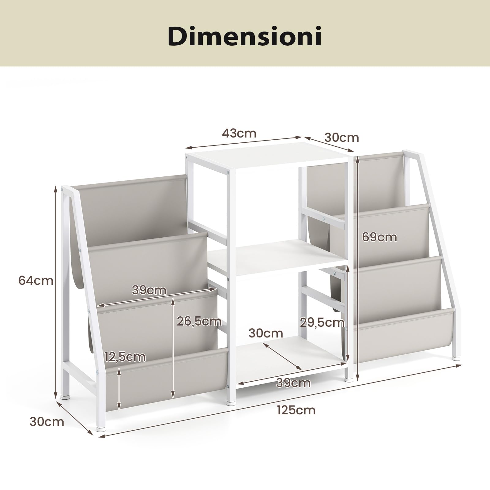 COSTWAY Supporto per Giradischi per Vinili, Porta Giradischi Vinili Fino a 200 Album con 3 Ripiani, 6 Tasche di Archiviazione e Struttura in Metallo, per Casa Studio e Caffè, 125x30x69 cm (Bianco)