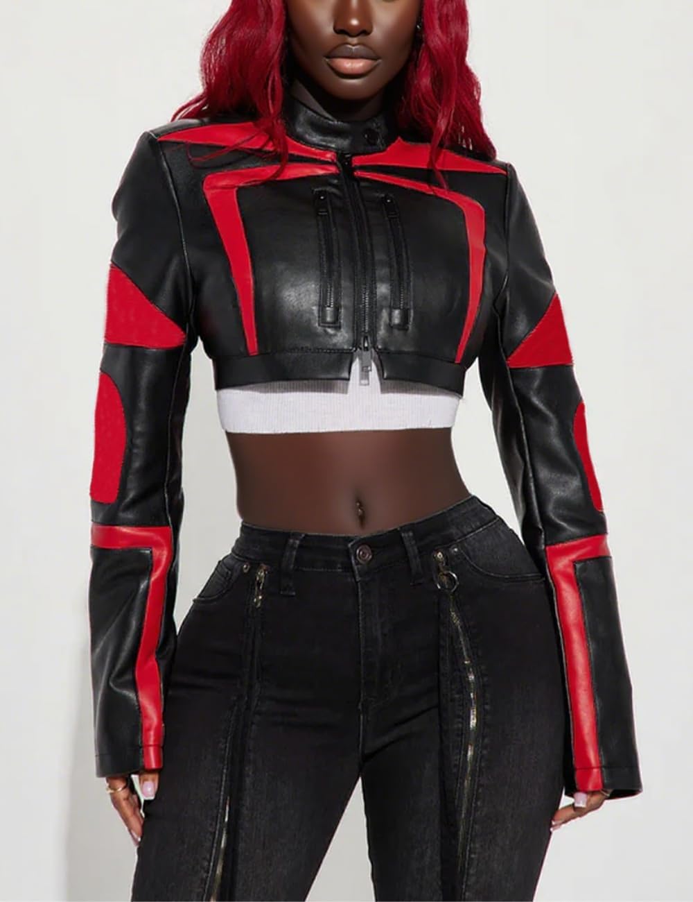 Women's Faux Leather Jacket Zip Up Cropped Bomber Leather Jacket Women S-XXL - Image 2