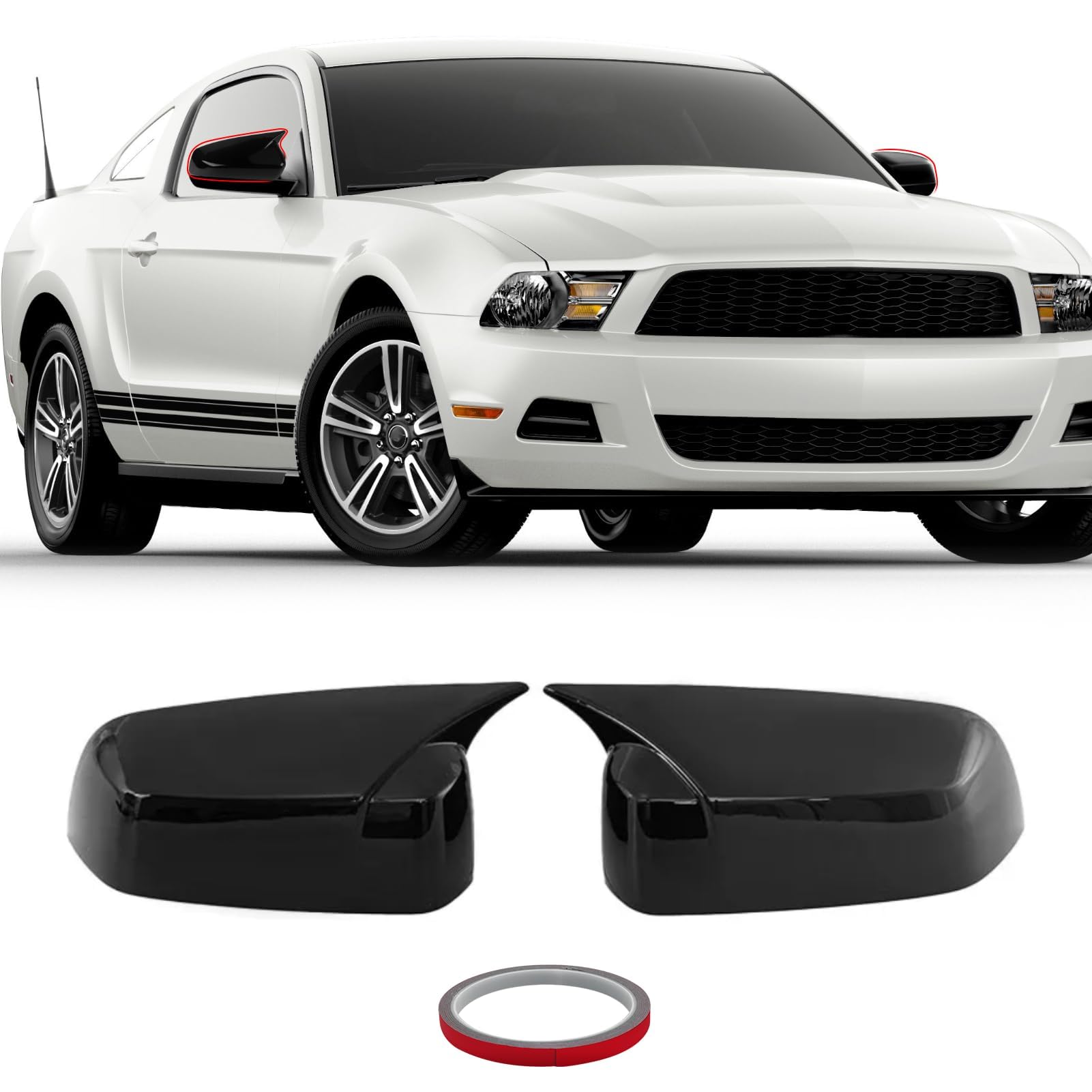 Moonlinks Compatible with 2010-2014 Ford Mustang Ox Horn Mirror Cover Overlay, LH & RH Side Glossy Black Mirror Cap Trim Cover for Ford Mustang（1 Pair