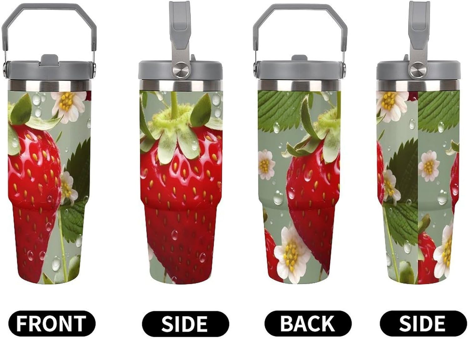 30oz Insulated Tumblers with Top Handle, Stainless Steel Lovely Strawberry Car Cup with Straw for Gift, Leak-Proof Double Wall Vacuum Travel Mug, Personalized Water Bottles White
