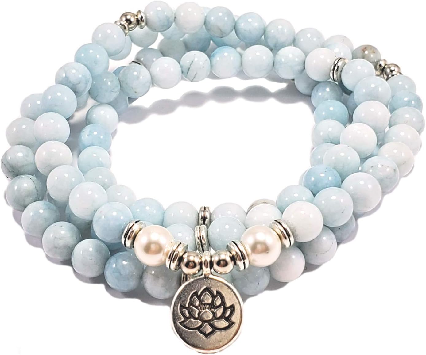 108 Bead Aquamarine Japa Mala Necklace – Handmade Yoga Jewelry with Lotus Charm – 8mm Natural Gemstones for Meditation, Chakra Bracelet, Reiki & Spiritual Balance – Stretchy Unisex Design