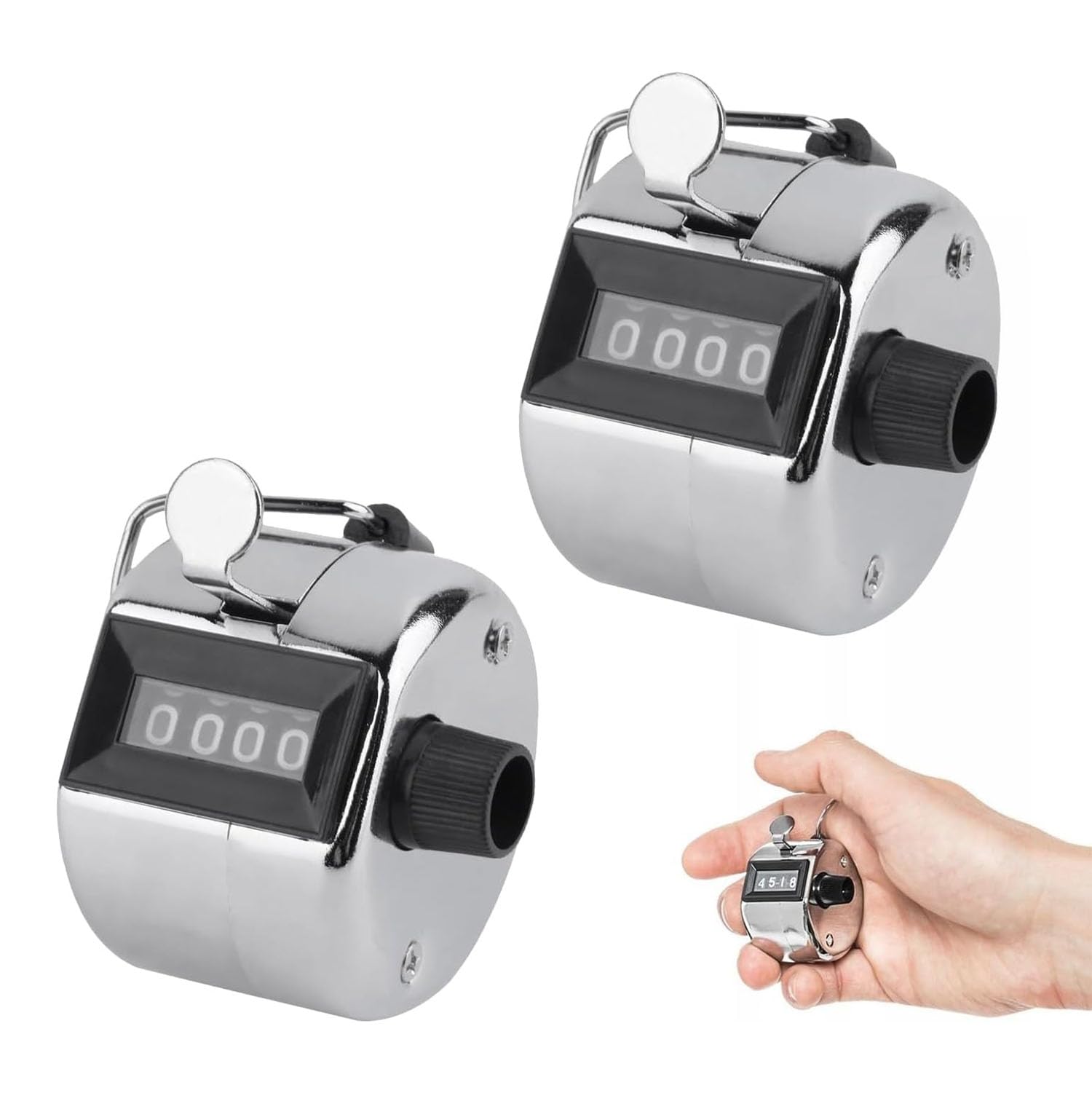 Maonativey 2 Hand Tally Counters, 4 Digit Mechanical Palm Clicker Counter Stainless Steel Hand Held Mechanical Clicker With Finger Ring Sliver