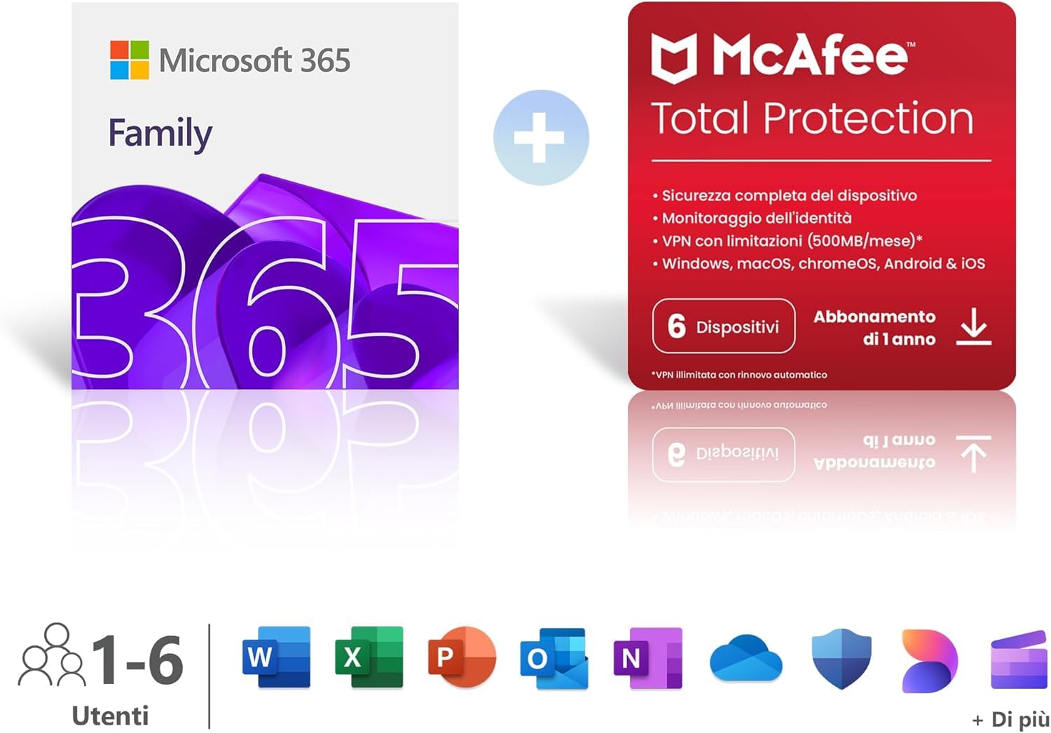 Microsoft 365 Family | 12 mesi | 6 persone | Fino a 6 TB di spazio di archiviazione Onedrive | App Office con AI+ McAfee Total Protection │ 6 dispositivi │ 5 utenti │ Codice d'attivazione via email