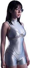 LEOHEX Shiny Illusion High Neck Bodysuit, Silky Material, Glossy Sleeveless, Mesh Switching, Short Type, Upgraded