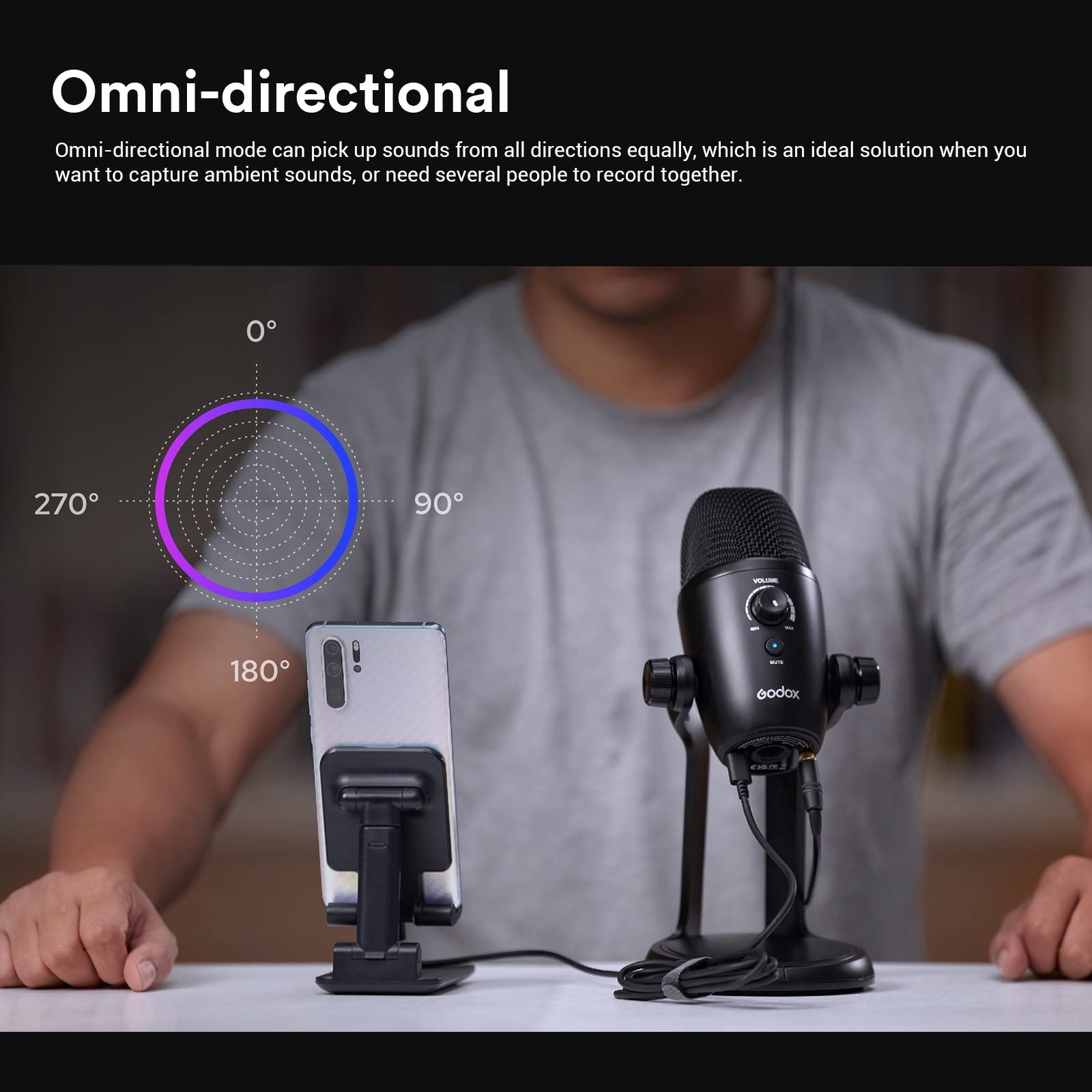 Godox UMIC82 USB-Kondensatormikrofon, 4 Aufnahmemuster Omnidirektional, Stereo, Bidirektional, Niere, Tri-Kapsel-Array, Plug & Play für Live-Streaming, ASMR-Aufnahme, Interview usw.