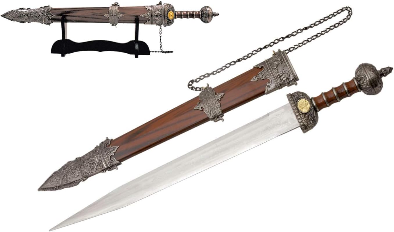 SZCO Supplies Roman Gladius Sword - Real Swords for Adults, 31" Stainless Steel Blade, Pewter and Wood Handle, Decorative Scabbard- Gladiator Sword with Wood Display Stand