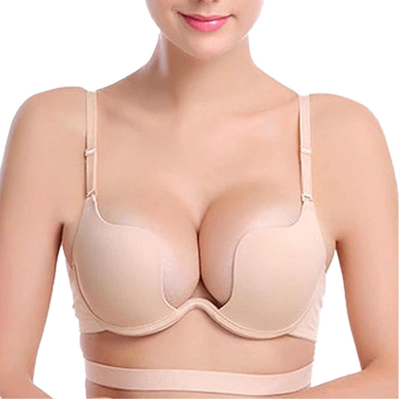 Joyfox Women's Nude Plunge Bra Deep U Push Up Bra Multiway Convertible Underwear Plunging Bra - ( 34D)