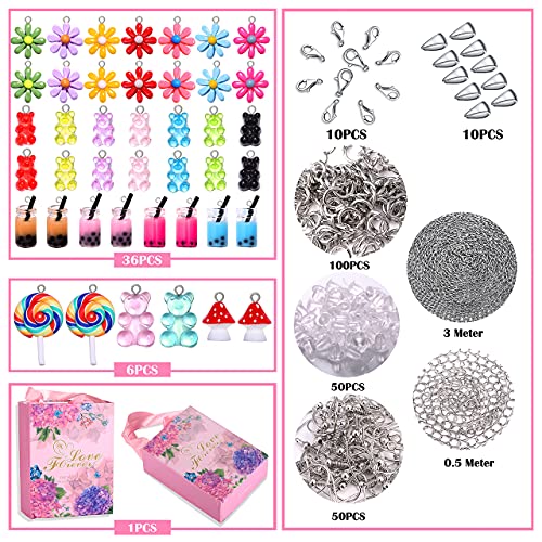 Hswe 263 Pcs Charm Bracelet Making Kit,Colorful Gummy Candy Bear Milk Tea Lollipop Flower Pendant Charms Cute Funny Mushroom Earring Necklace Diy Jewelry Craft Making For Girls Teens #TOP1