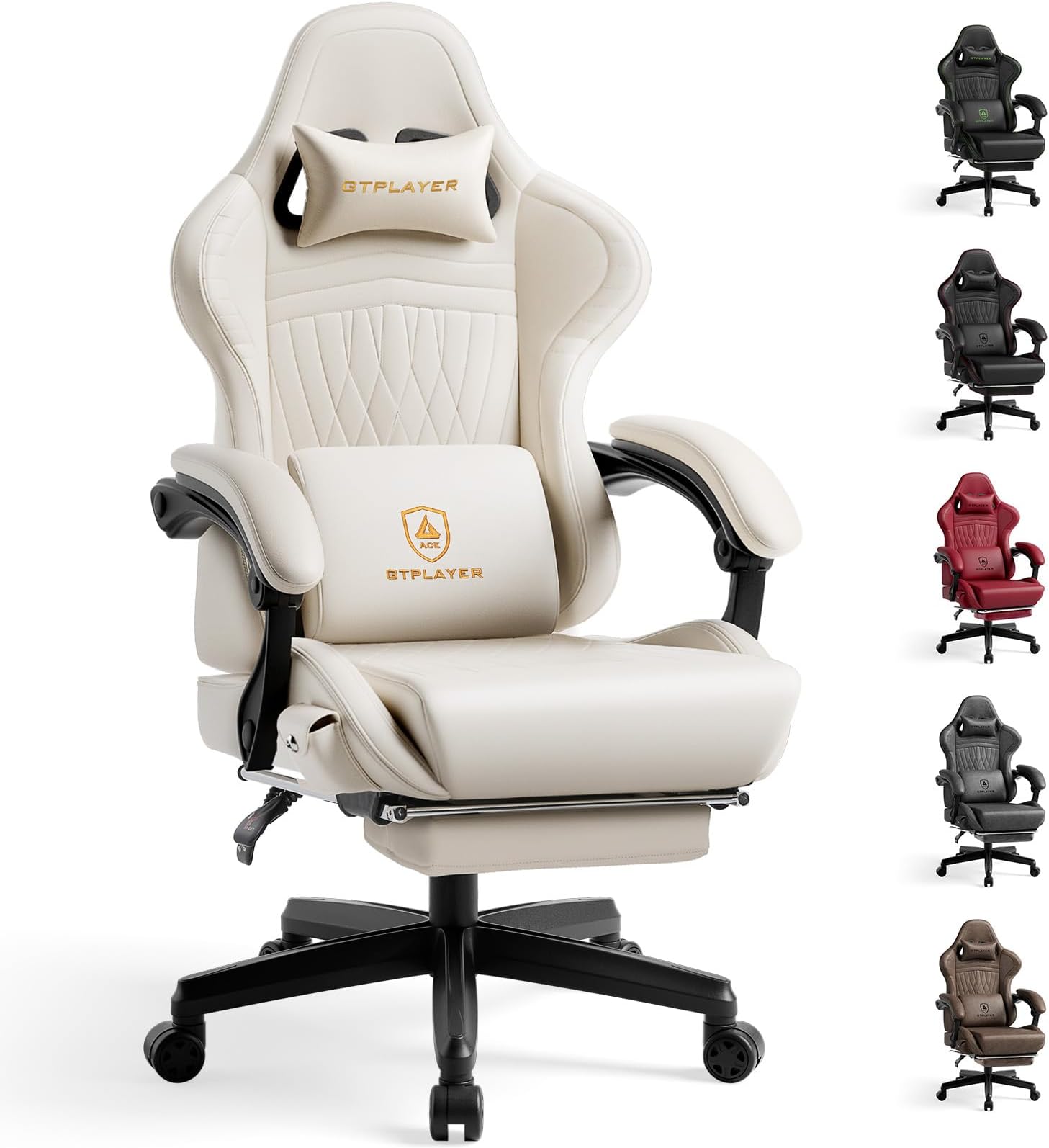 GTPLAYER Gaming Chair with Speakers, Video Game Chairs with Footrest, PC Gamer Chairs for Adults - Padded High Back Ergonomic Reclining Silla Gamer, Linkage Armrest, Ace Pro, Ivory