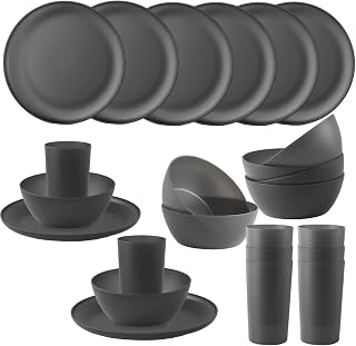 24Pcs Black Plastic Dinnerware Sets,Lightweight Unbreakable Plates and Bowls Sets for Kitchen,Dishes Set for 8，Easy to Clean,for Daily Meals, Parties or Kids' Use.