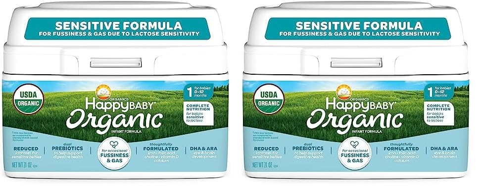 Image of Happy Baby Organics Infant Formula Milk Based Powder packaging may vary, Stage 1 Sensitive, 21 Ounce (Pack of 2)