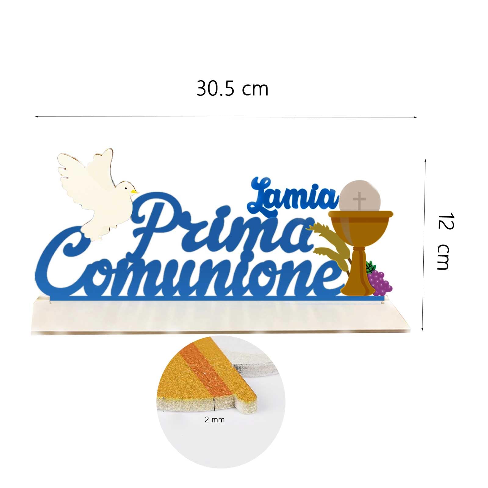 Centrotavola 3D Prima Comunione Bimba - Decorazione Legno Con Simboli Religiosi, Colore Blu - Foto 3