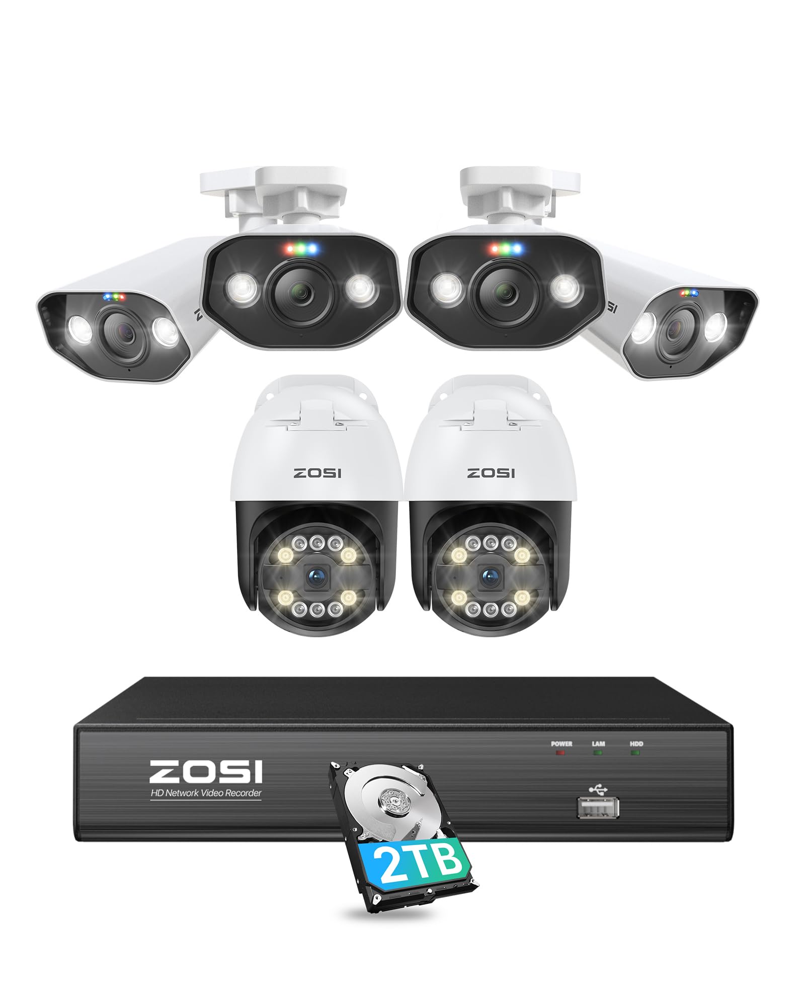 ZOSI 8CH 4K PoE Security Camera System with AI Human Face Vehicle Detect, 8MP 4K 8CH NVR (16CH Expandable) with 2TB HDD for 24-7 Record, 6 X 4K PoE IP Bullet Dome Camera, 2-Way Talk, 5X Digital Zoom
