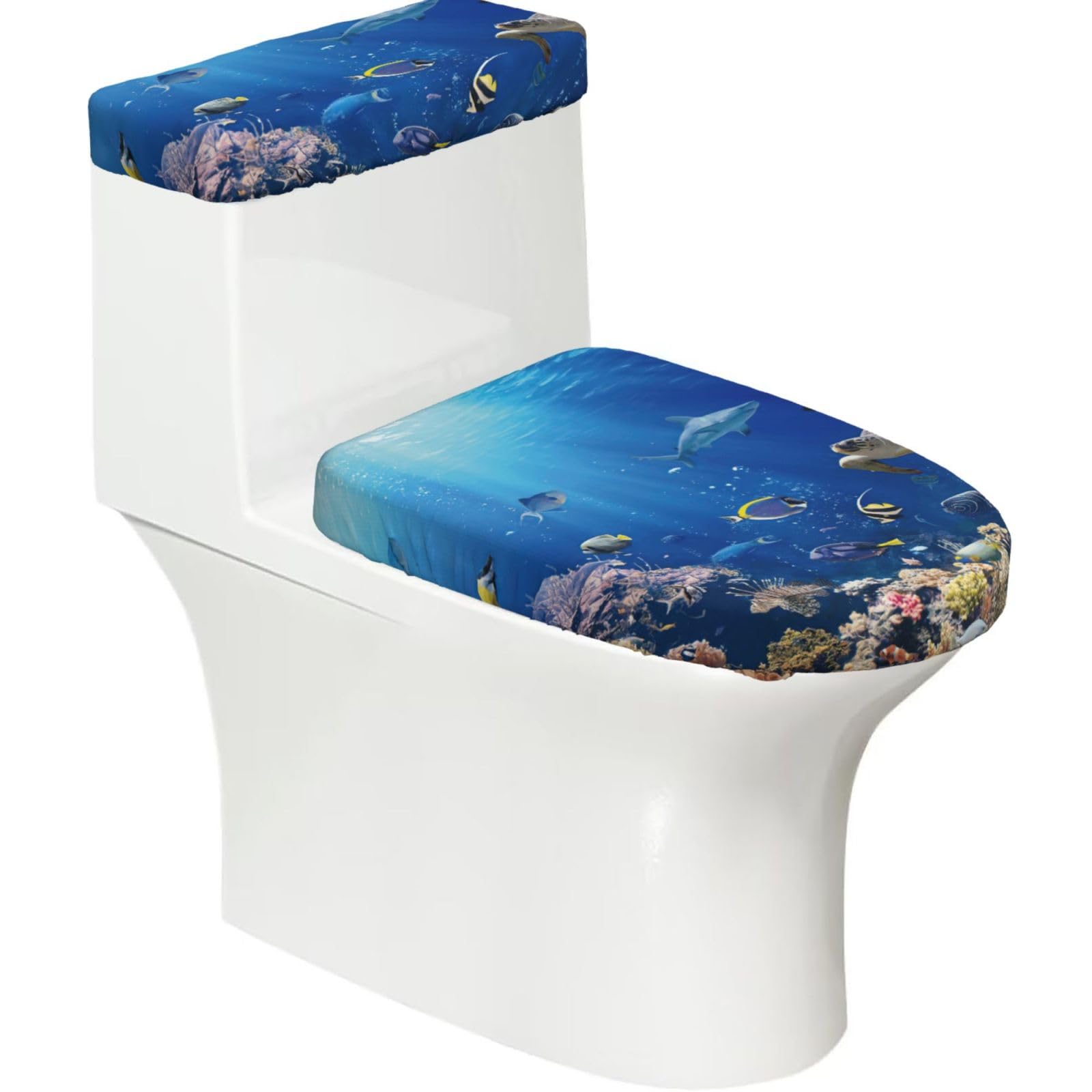 Ocean Tropical Fish Turtle Shark Print Stretch Toilet Covers Set, Polyester Covers Replacement For Fits Most Size Lids Bathroom Decor