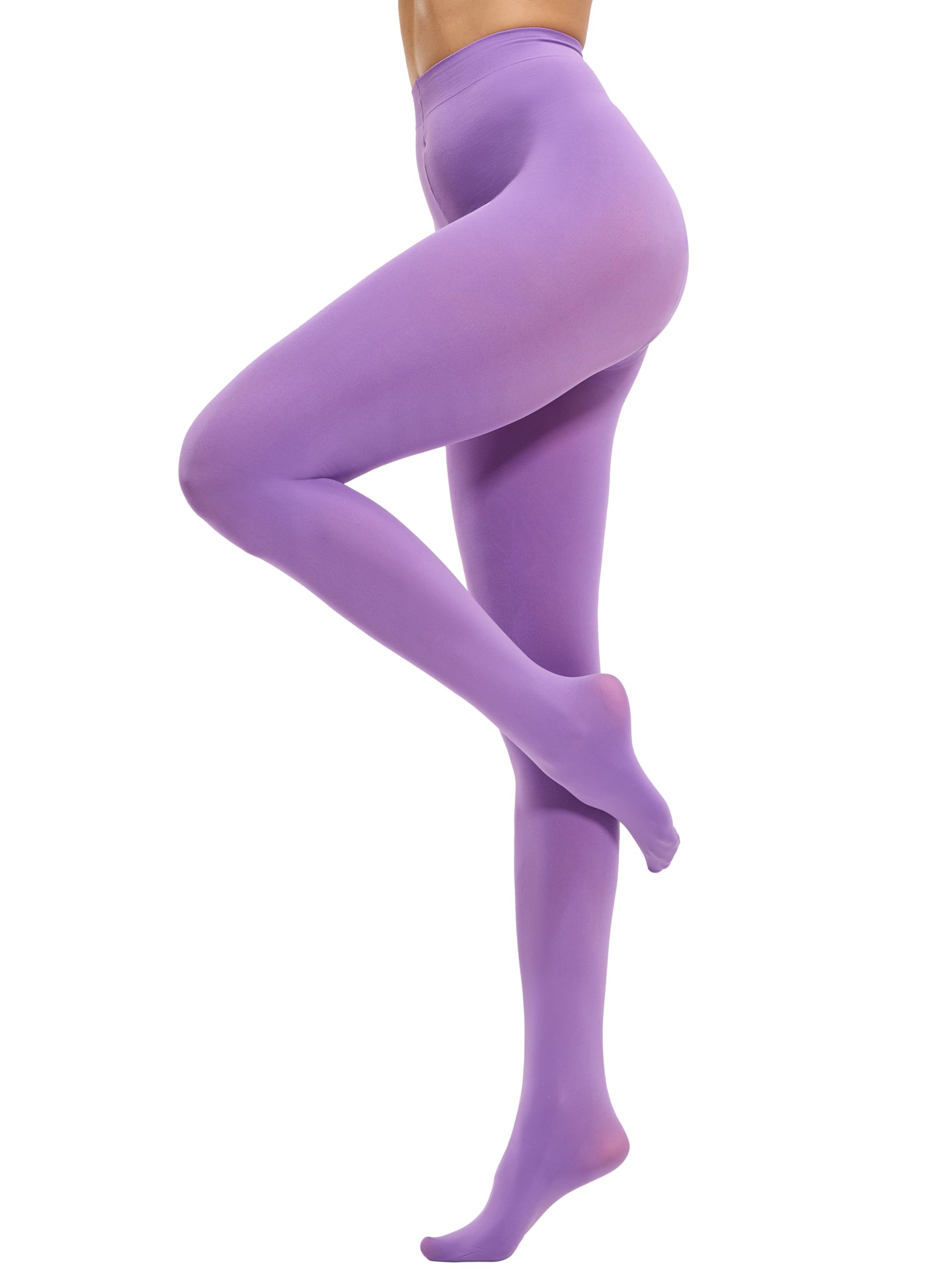 CozyWow Run Resistant 80D Soft Solid Color Semi Opaque Footed Tights High Waist, Light Purple, Large-X-Large