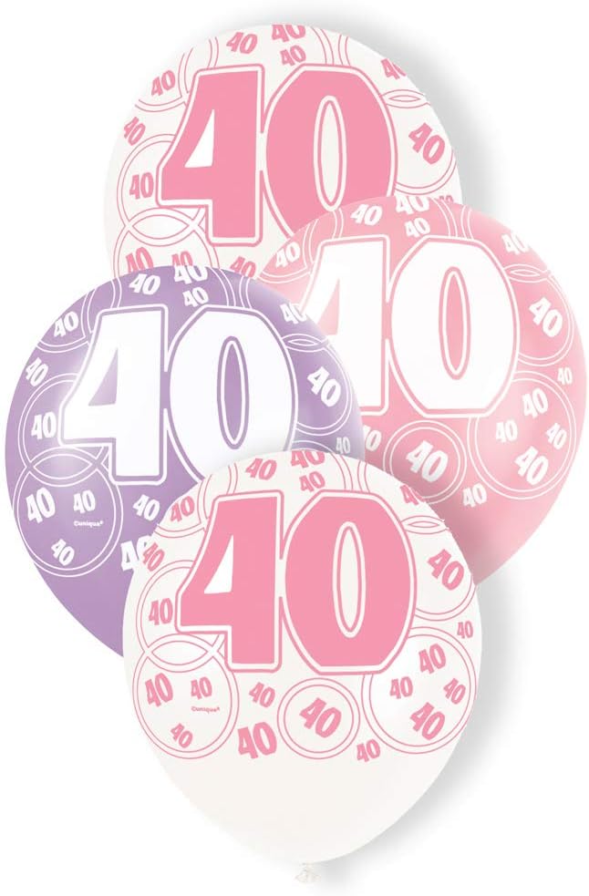Unique Party 80875 - 12" Latex Glitz Pink 40th Birthday Balloons, Pack of 6