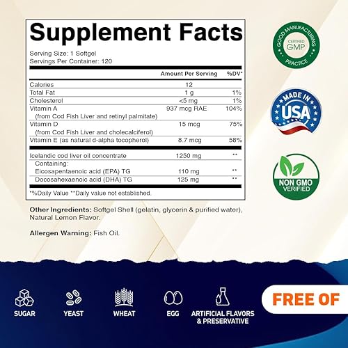 Miniatura 2 de Vitamatic Paquete de 2 cápsulas de aceite de hígado de bacalao islandés de 1250 mg 120 cápsulas blandas (sabor a limón) - Promueve la salud