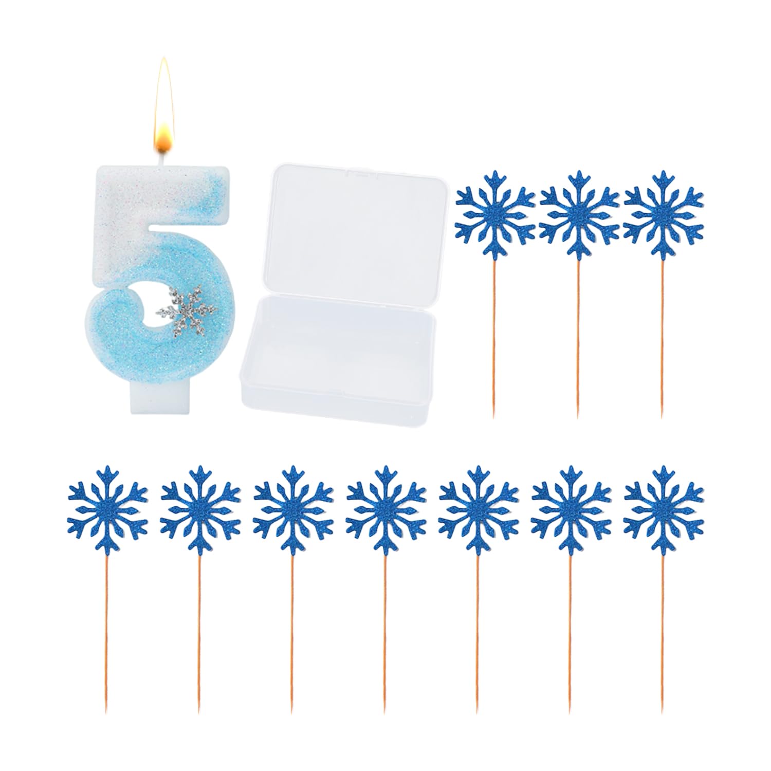 Wufgwbd Blue 1 Piece Of Number 5 Snowflake Candle And 10 Pieces Of Snowflake Inserts, Cake Decorations, Birthday Party Supplies, Dessert Baking Decoration Inserts