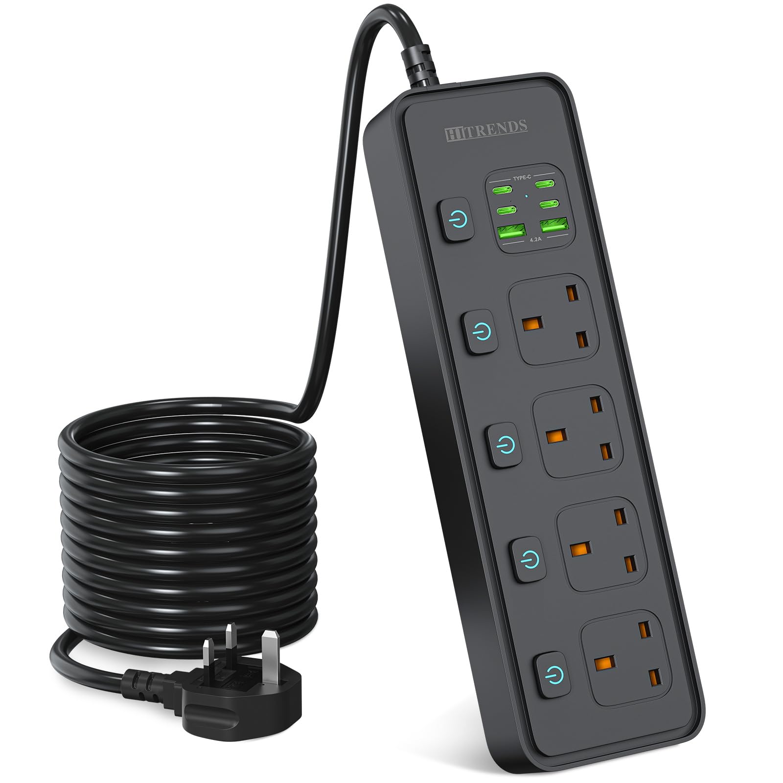 4 Way Gang Extension Lead with USB Slots, UK Plug 3 Pin Socket Outlet, 10-in-1 Surge Protector Plug Extension Socket with Individual Switches, Power Strip with Extension Cable 3M, Black