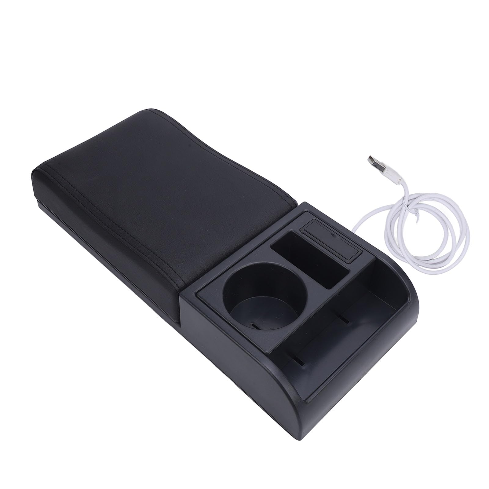 Pojemnik na podłokietnik konsoli środkowej Regulowana długość z portem ładowania USB Uchwyt na kubek Kompatybilny z większością pojazdów Skóra PU Pianka zapamiętująca kształt, (Czarna linia)