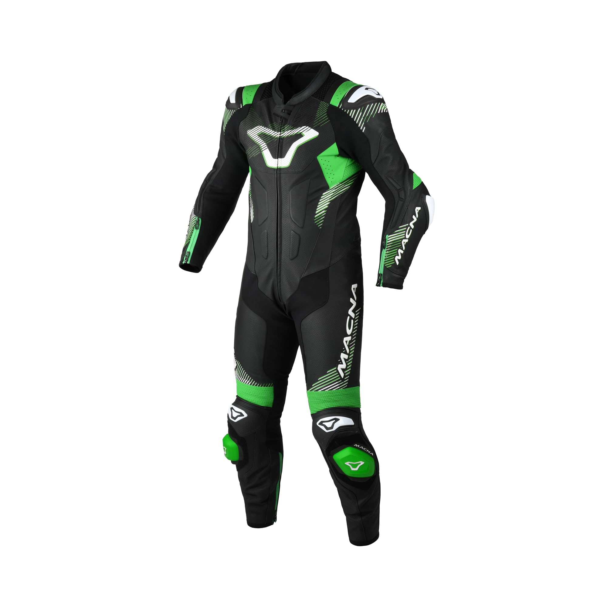 Macna Men's Black/White/Green Armadyl Perforated One Piece Motorcycle Leather Suit
