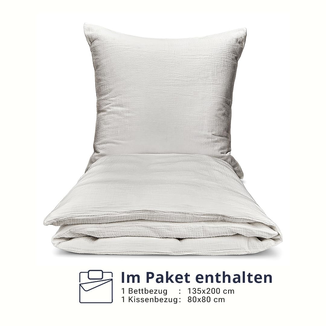 Generisch Bellevue Musselin Bettwäsche Weiß 135x200 + 80x80 cm 2teilig, Premium Baumwolle, atmungsaktiver Bettbezug, optimaler Temperaturausgleich, bügelfreie Bettwäsche, Allergiker Geeignet, ÖKÖ TEX