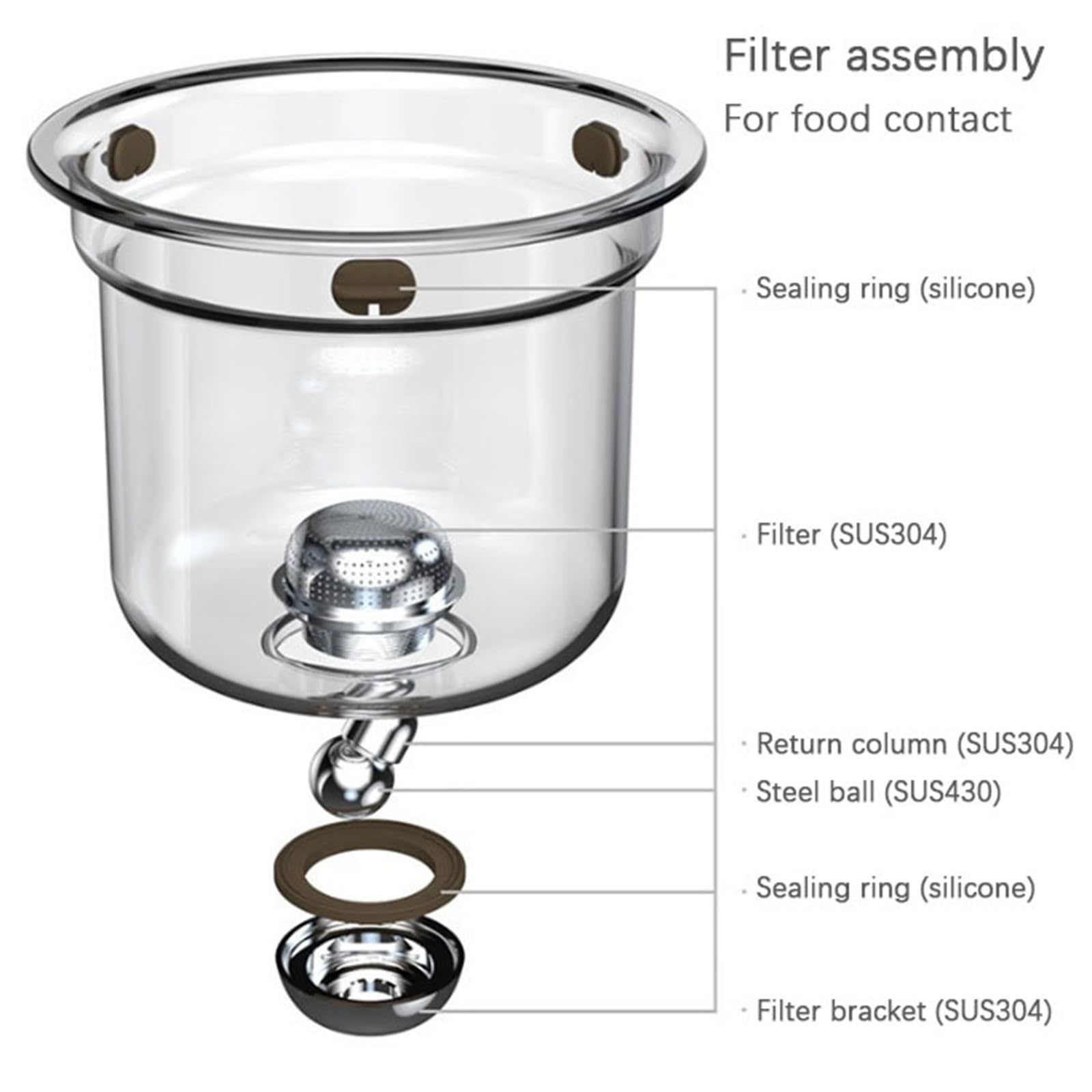 Glazen theepot voor waterscheiding met filter en handvat van hout
