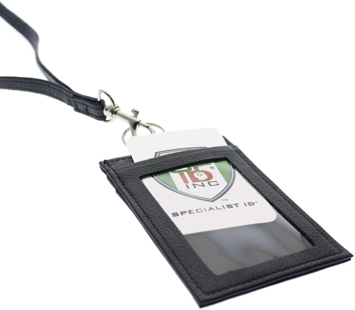 Union Made Leather Badge Holder - USA Manufactured Heavy Duty Four Pocket ID Badge Wallet with Lanyard by Specialist ID