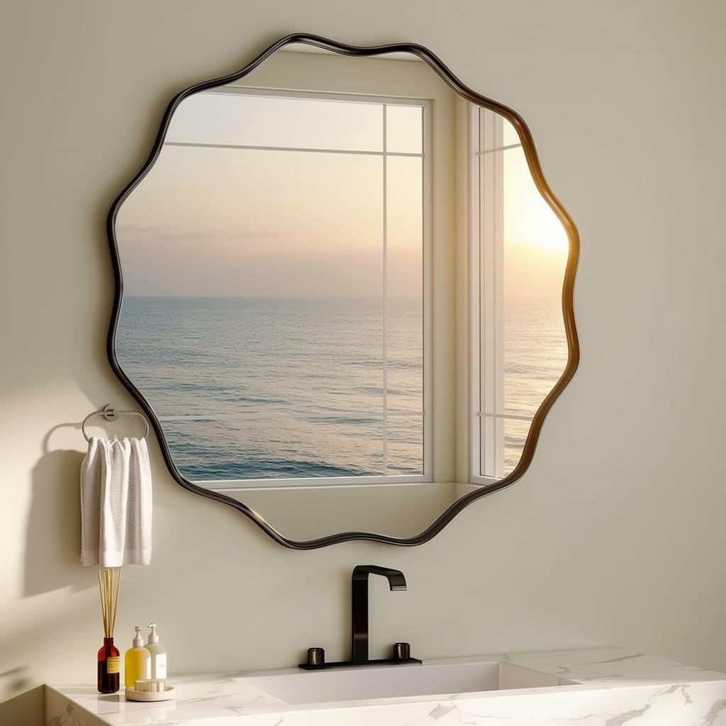 Espejo Redondo Grande 90cm | Borde Ondulado con Marco de Metal Texturizado | para Colgar o Colocar en la Pared | Ideal para Baño, Entrada, Sala de Estar | Diseño Elegante y Original