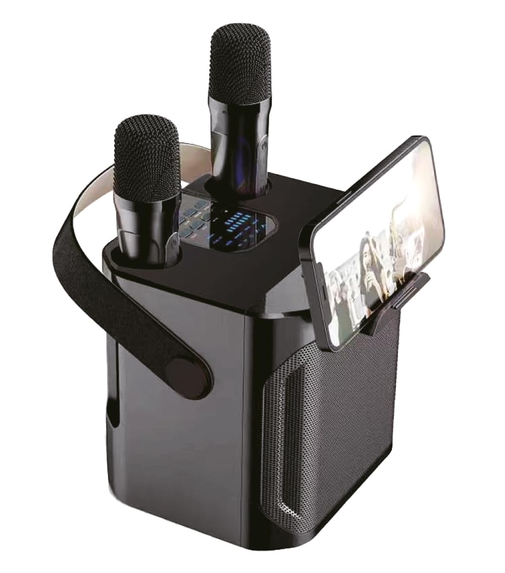 Sistema Karaoke Portatile Wireless con 2 Microfoni e Supporto per Smartphone/Tablet – Cassa Bluetooth con Audio Potente, Effetti Karaoke, Altoparlante Portatile per Feste, Compleanni
