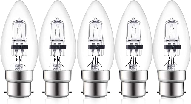 Luxvista Clear Candle Bayonet Cap BC B22 Lamp Light Bulbs 42W, C35 B22 Dimmable Candle Bulb Halogen BC B22 Lamp Warm White 2700K for Chandeliers, 5-Pack