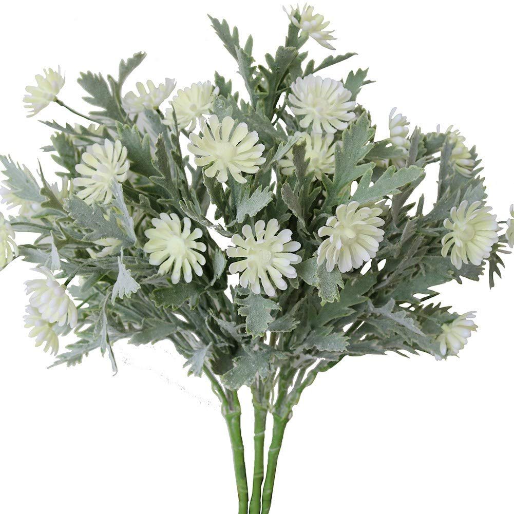 Elyjhyy 3PCS Artificial Daisy Flowers Plastic Daisy Arrangements Dusty Miller Flocked Leaves Fake Greenery Plants for Home Table Centerpieces Wedding DIY Fence Decoration (White)