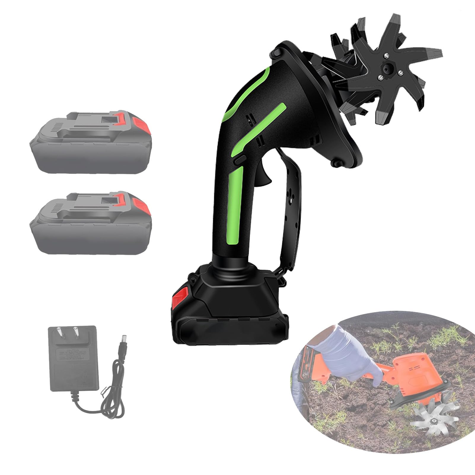 Motoazada Bateria, 21V Motocultor Electrico con 2 Baterías 1500mAh Azadas para el Huerto con 4 Cuchillas de Metal 10cm Ancho de Trabajo 10cm Profundidad de Trabajo Green-