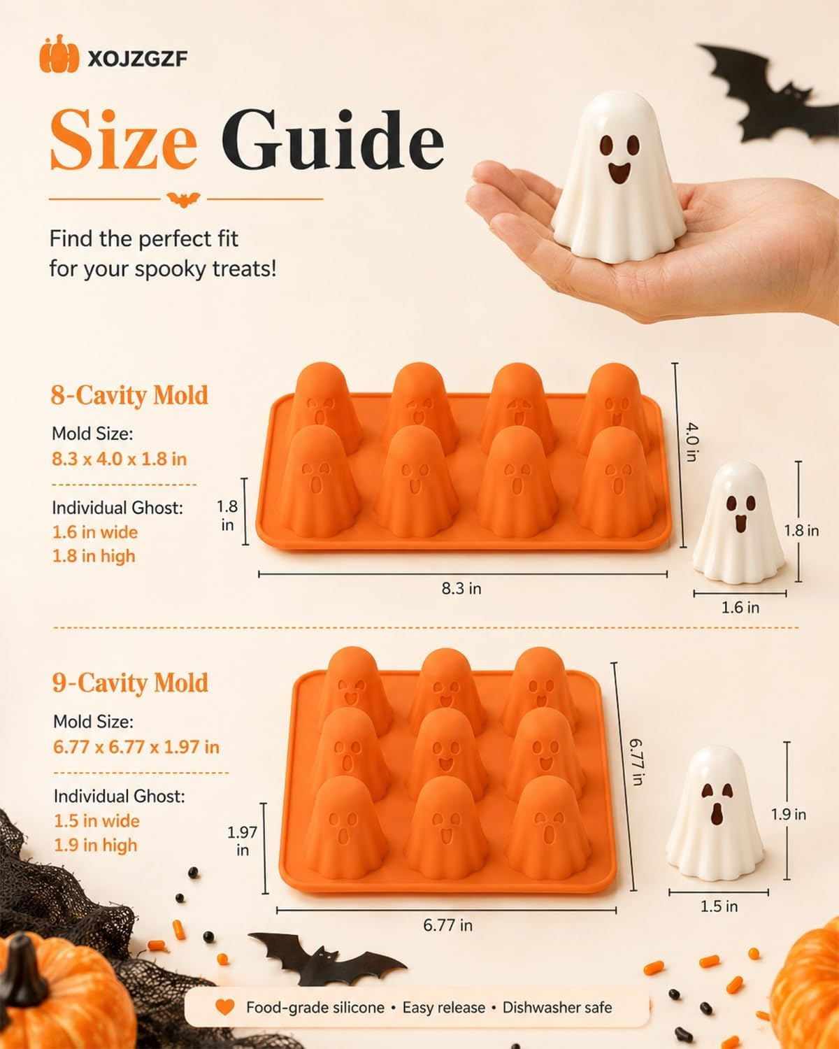 Ghost Jello - Molde de silicona 3D para hornear Halloween, 6 unidades x 8 cavidades | Silicona de grado alimenticio, antiadherente, dulces y chocolate, decoraciones de fiesta, mini bandeja de cubitos de hielo