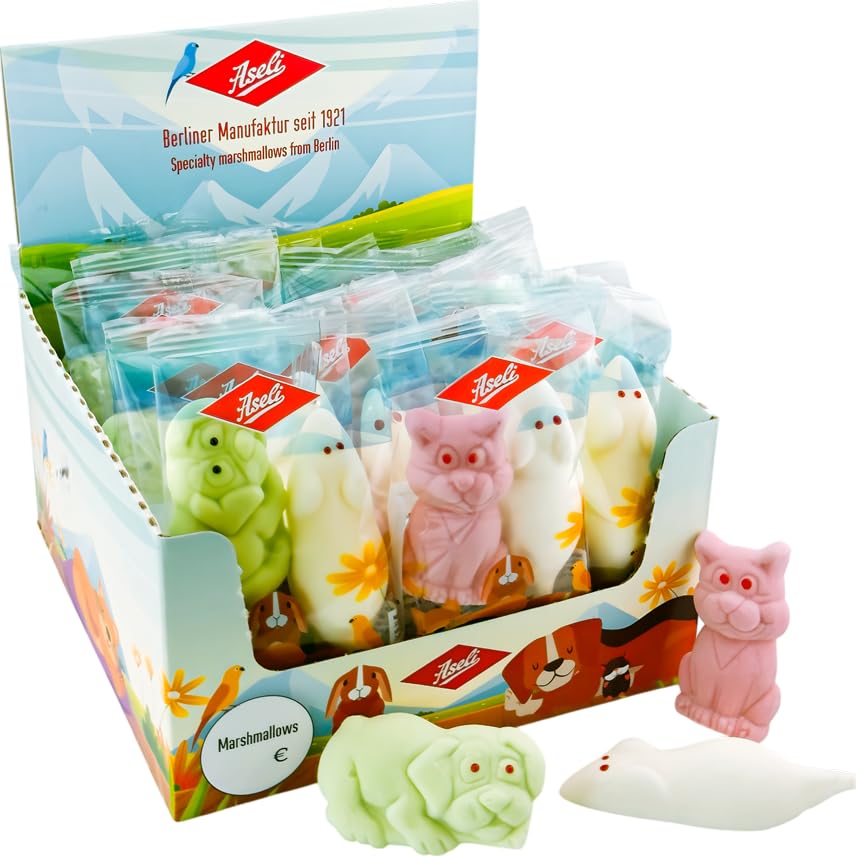 Aseli Haustier Bundle Marshmallows Katz & Maus Wuff & Mäuslein Schaumzucker 20 Packungen glutenfrei laktosefrei Himbeer- Apfelaroma- und Traditionsaroma