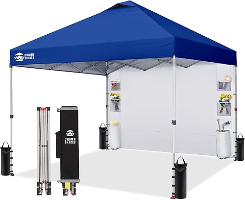 CROWN SHADES Tienda de campaña con toldo, refugio portátil de 10 x 10 pies para exteriores con pared lateral de bolsillo, bloqueo central de empuje,