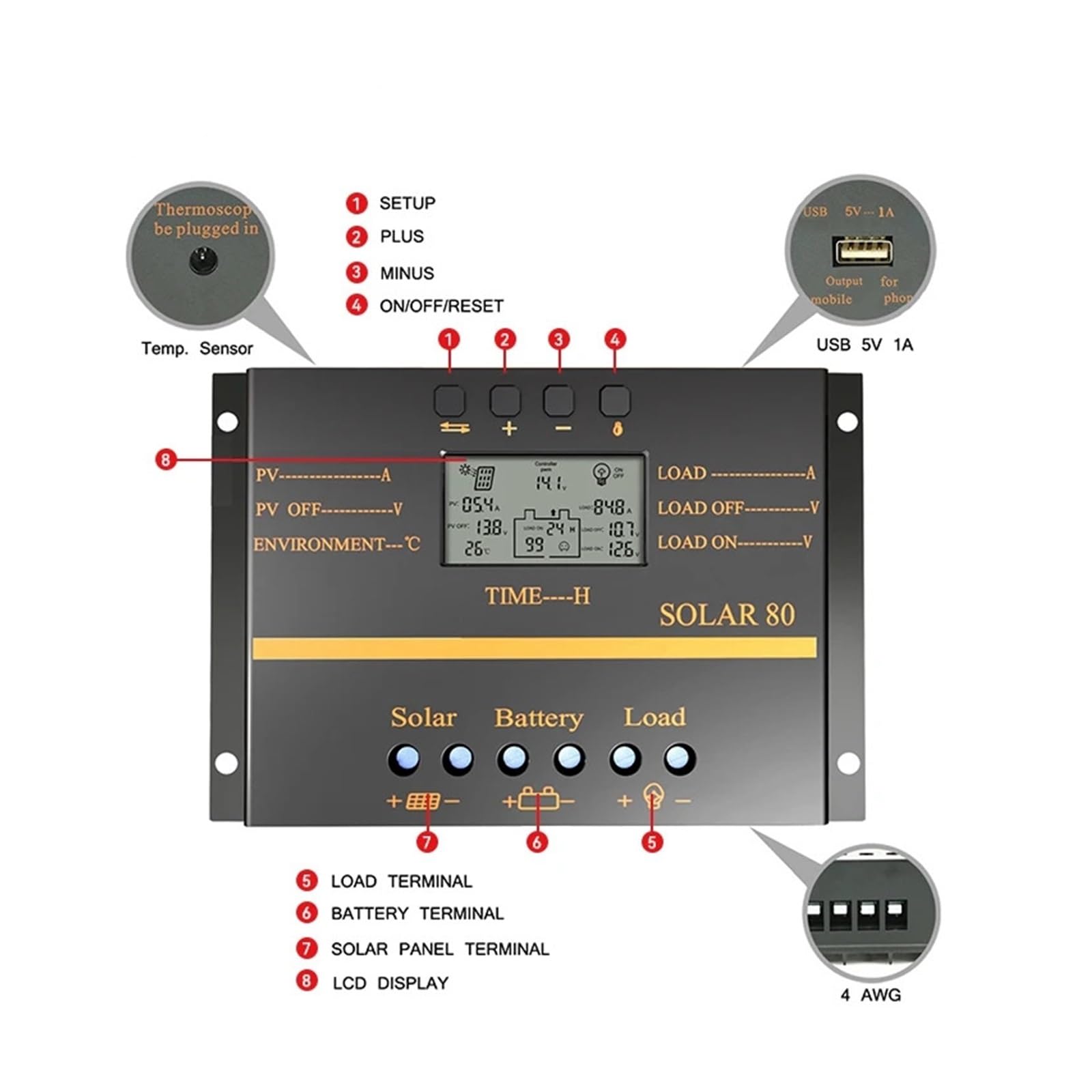 PWM 80A 60A regulator ładowania słonecznego 12V 24V ładowarka samochodowa regulator panelu słonecznego z wyświetlaczem LCD PV Max 50VDC(80A)