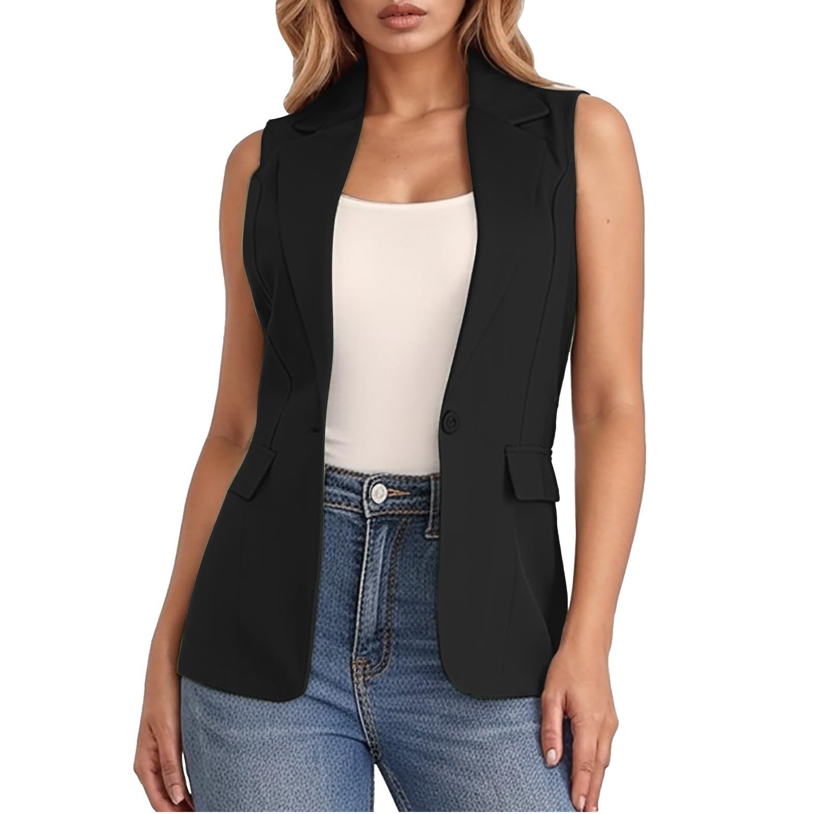Fulidngzg Blazer Donna Senza Maniche con Apertura Frontale e Colletto, Tasche Smanicato Casual Leggero Cardigan Elegante Gilet Comode per Lavoro Case Cerimonia
