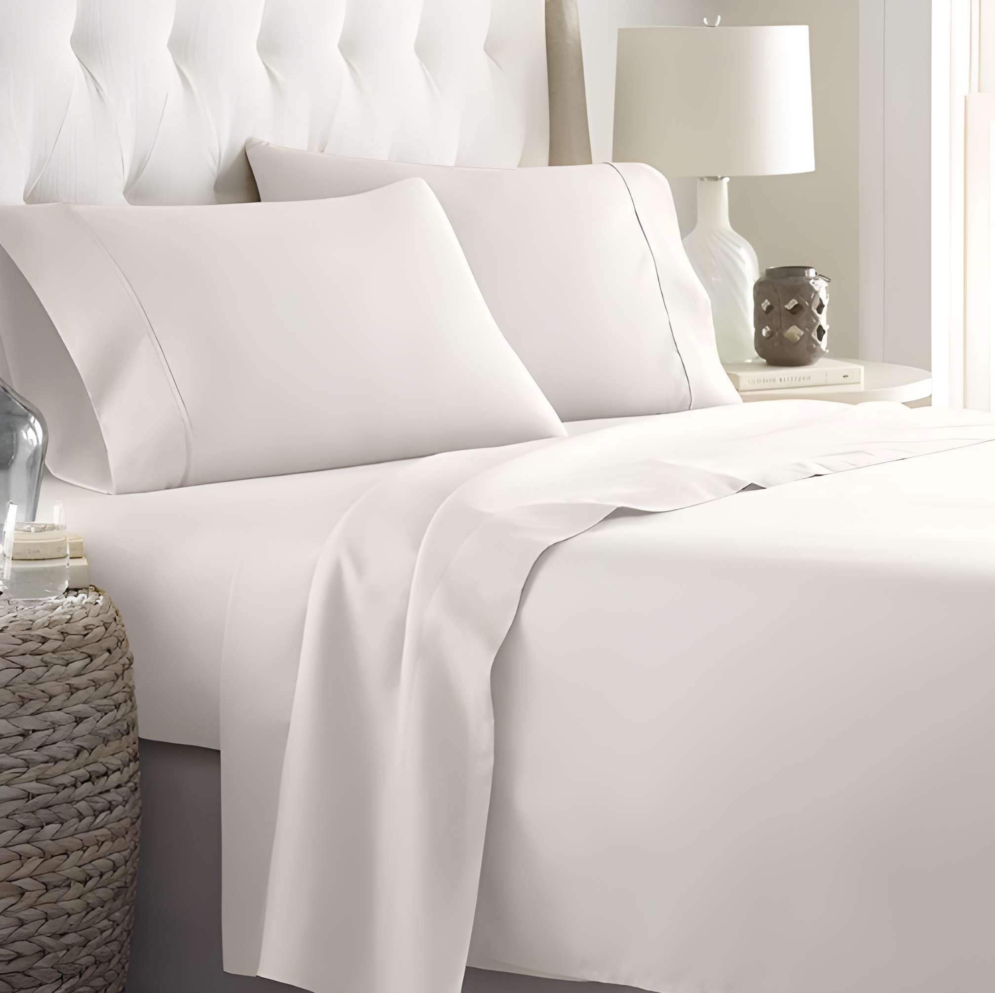 Queen Sheet Set Cotton, 4 Piece Bed Sheets for Queen Size Bed, Soft & Breathable, Deep Pocket Sheets Fit 12 Inch Mattress Easy Fit, White Solid