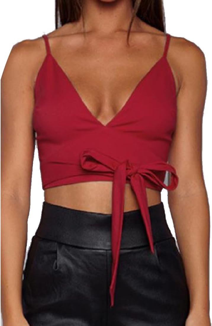 Women Low Cut Deep V-neck Strap Backless Slim Fit Vest Tank Top M Red
