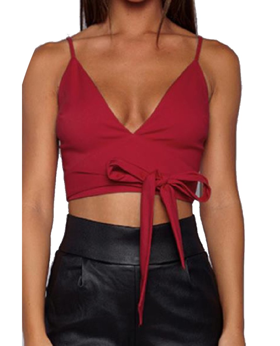 Women Low Cut Deep V-neck Strap Backless Slim Fit Vest Tank Top M Red