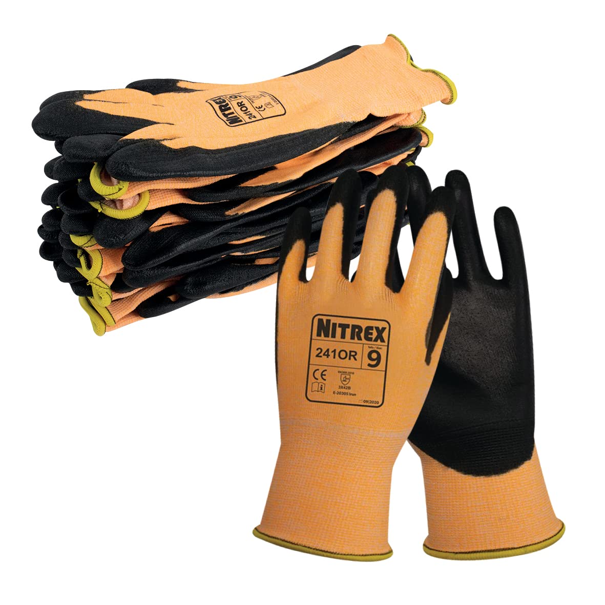 Unigloves Nitrex 241OR Lot de 10 paires de gants réutilisables résistants aux coupures basses, hygiène désinfectée, fonction de contrôle des odeurs, revêtement paume en polyuréthane, doublure en nylon