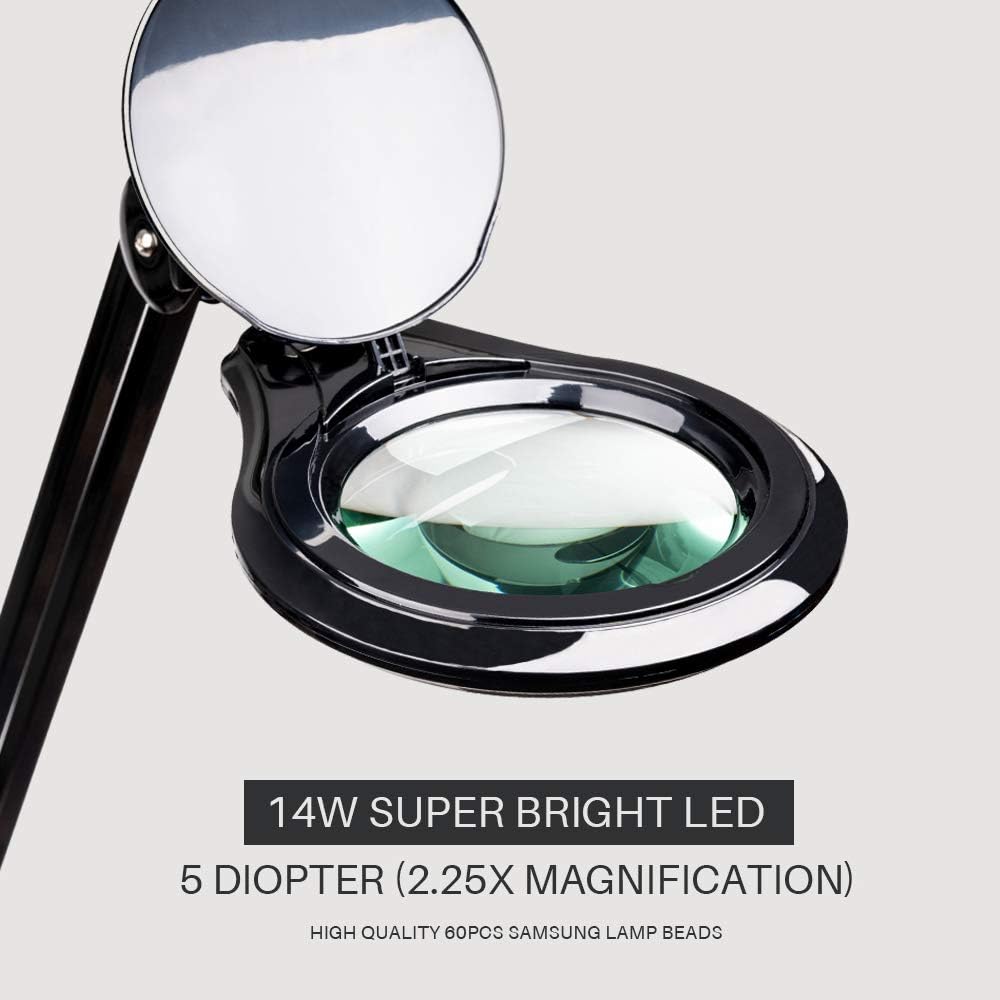 🛒 Flash Sale Bemelux LED Magnifying Lamp with Clamp, 5 Inch Magnifier Glass Lens, Metal Swing Arm Dimming 1200 Lumens Lighted Magnifying Desk Lamp for Crafts, Bright 60PCS LEDs - 2.25X Magnification(Black)